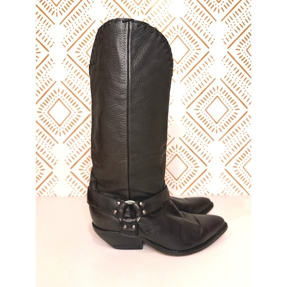 Vintage Zodiac Black Leather Harness Boots Womens 6 Western Biker Edgy Moto